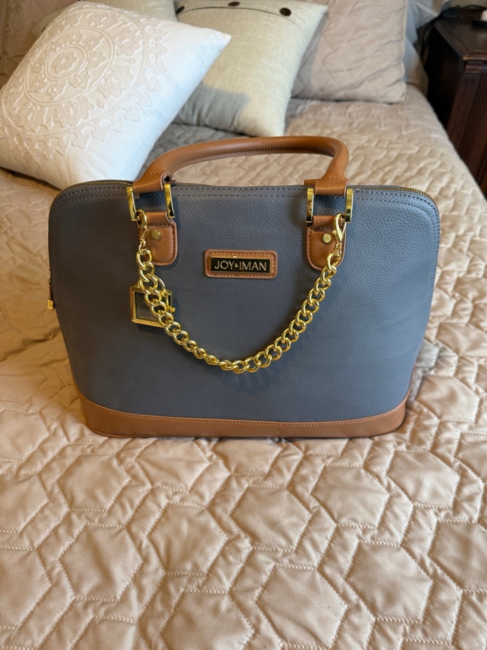 Joy & Iman Gray and Tan Satchel with Gold Chain Accent